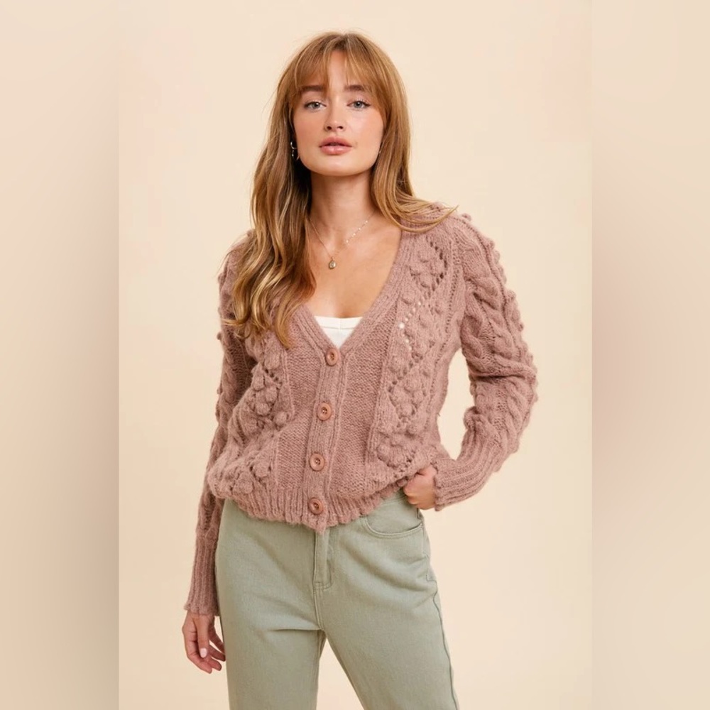 IN LOOM Knit Popcorn Cardigan Sweater Pink Beige in Size S/M